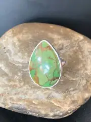 Green Mohave Turquoise Navajo Sterling Silver Ring Size 8 Adjustable 11787
