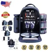 Lightweight Blue Picnic Backpack with Cooler Compartment & Complete Dining Set