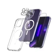 [3 in 1] For iPhone 14 Pro Max Magsafe Shockproof Magnetic Case + Front Tempered Glass + Camera Lens Cover- 14 Pro Max