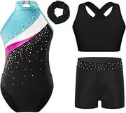 [Jugaoge] Kids Girls Sleeveless Shiny Rhinestone Gymnastics Dance Leotard Cross Back Vest Tops with Shorts and Hairband Set