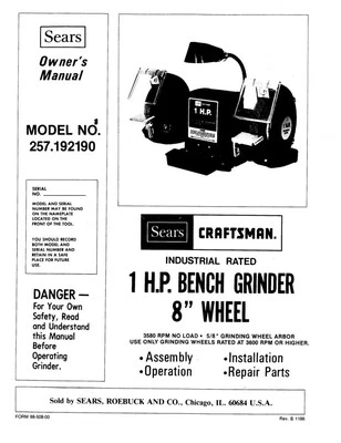 Craftsman 257.192190 1 HP Bench Grinder (8"x1"x5/8") Instructions