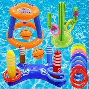 Pool Toys Games Set,Pool Basketball Hoop Inflatable Cross Ring Toss Game and Inflatable Cactus Ring Toss Kids Pool Toys for Teens Adults and Family
