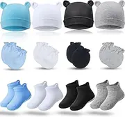 [Syhood] 4 Sets Newborn Baby Hat and Mittens Toddler Beanie Cap Non Slip Socks for 0-6 Months