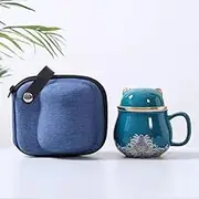 Portable Ceramic Tea Cup Set, Lucky Cat Ceramic Teapot Set With Handle, Tea Strainer, Lid And 1 Shockproof Storage Box For Travel, Outdoor And Office. (green)