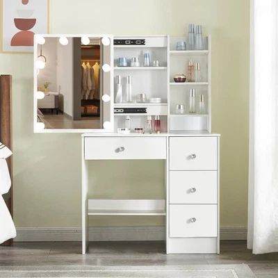 Dressing Table with LED Lights Sliding Mirror 4 Drawers Vanity Make up Desk Set
