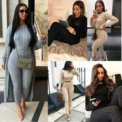 Ladies Lounge Wear Warm Pyjama Set Womens Soft Cosy Knitted Tracksuit Pants Suit