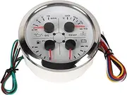 4in1 Guage, Waterproof Stainless Steel High Universal Fuel Level Oil Pressure Water Temp Voltmeter 85mm for Car RV Boat Motorcycle (White °C/BAR)