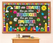 Colorful Handprint Bulletin Board Welcome Back to School Classroom Decorations Pencil Braver Stronger Smarter Paper Cutouts Motivational Bulletin Board for Nursery Wall Door Decor Teachers Supplies
