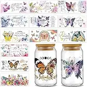gisgfim 12 Sheet Butterfly Rub on Transfers for Glass,UV DTF Cup Wrap Transfer Stickers Butterfly Floral Wrap Transfers Decals for 16Oz Glass Cups Furniture Craft Wood DIY Crafts