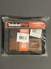 New Timberland Pro Genuine Leather & Canvas Passcase Wallet Tan RFID Protection