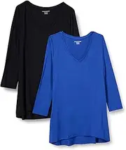[Amazon Essentials] Women's 3/4 Sleeve V-Neck Swing T-Shirt (Available in Plus Size), Pack of 2