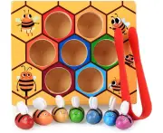 Toddler Fine Motor Skill Toy - Clamp Bee to Hive Matching Game - Montessori Wooden Color Sorting Puzzle