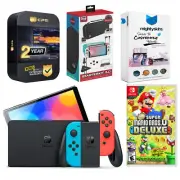 Nintendo Switch Neon Red/Blue OLED + New Super Mario Bros U, Accessory Gamer Kit
