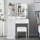 Makeup Vanity Table Set w/ LED Mirror & Cushioned Stool Adjustable Dressing Desk