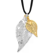Fashion Silver And 24K Gold Dipped Double Real Evergreen Leaves 20 Inch Leather Cord Necklace