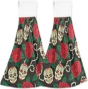 Personalized Skull Rose Black Hand Towel with Loops for Hanging Oven Fingertip Towel Set of 2 Soft Absorbent Cute Kitchen Bathroom Decor, 18.2 x 14 Inch
