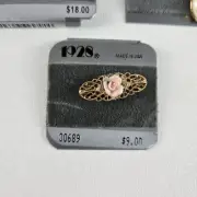 Vintage 1928 Jewelry Pins Set of three: Pearl Bow Rose Filigree Arrow Heart