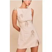 Almond Woven Asymmetric Bow Detail Shift Dress, Almond