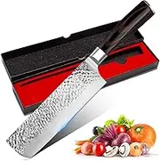 Nakiri Knife - 7in Meat Vegetable Knife Cleaver, Hammer Finish Chef Kitchen Knife Japanese AUS-10V Super Stainless Steel Chopping Knife,Multi-Purpose Knife with Wood Handle for Home & Kitchen