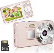 Digital Camera, 4K Autofocus Vlogging Camera with 64GB Card, 2000mAh 64MP Compact Camera, 18X Zoom, Anti-Shake, 2.8" Screen Mini Camera, Kids Beginners, Teens, and Adults（Pink