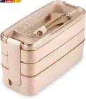 Bento Adults Lunch Box, Stackable, 3-In-1 Compartment - Wheat Straw, Leakproof E