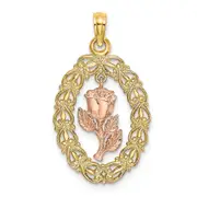 14k Two-tone Gold Two-tone Gold Textured Oval Frame Dangling Rose Charm