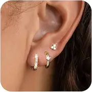 [FASHGOOD] Gold Earring Set for Women,14K Gold Plated Small Gold Hoop Earrings for Women,Hypoallergenic Cubic Zirconia Huggie Earring,CZ Flower Clover Stud Earrings,3Pairs Gold Stud Earrings Stacks