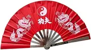 Oshhni Stainless Steel Folding Hand Fan Handheld Fan Dressing up Martial Arts Fan for Dancing Props Theater Stage Show Performance, red double dragon