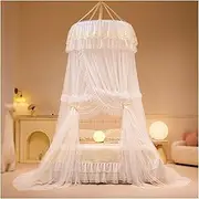Bed Curtains from Ceiling,Round Dome Princess Bed Canopy,with Embroidered Lotus Leaf Lace and Star String Lights,for Girls and Adults Bedding Decoration(White)