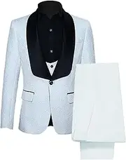 [Generic] Men's 3 Piece Jacquard Tuxedos with Brooch Slim Fit Floral Suits Set for Men Suit Vest Pants for Wedding