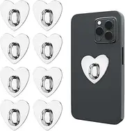 XIHIRCD 8pcs Heart Cell Phone Ring Holder, Phone Charm Hook Adhesive Metal Finger Ring Stand Heart-shaped Sticky Phone Grip Ring for Mobile Phone Tablet DIY Accessories (Silver)