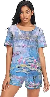 [RPLIFE] Water Lilies and Willows by Claude Monet Women Sleepwear, Summer Capri Pajamas Women, Water Lilies and Willows By Claude Monet, Medium