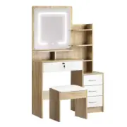 Oikiture Dressing Table Stool Set LED Light Mirror Wooden White