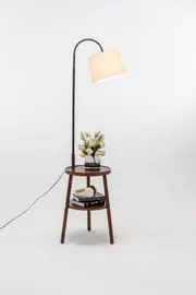 New Oriental Cherry Rubberwood Lamp with Double Round Shelves and Off White Linen Shade Including USB port and wireless charging