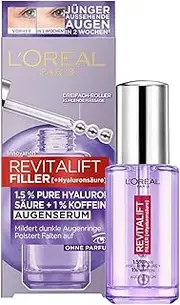 L'Oréal Paris Eye Serum with 1.5% Hyaluronic Acid and 1% Caffeine for a Radiant Eye Area, with Cooling Ball Applicator, Revitalift Filler Eye Serum, 1 x 20 ml