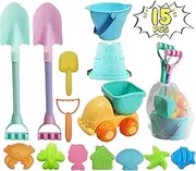 IOKUKI Long Shovels Sand Toys Set with Mesh Bag Including Dump Truck, Beach Buckets, Shovels, Rakes, Molds, Outdoor Beach Toys Tool Kit for Kids, Toddlers, Boys and Girls (15 PCS)