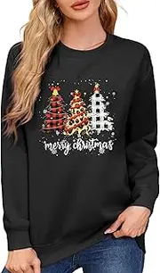 [Asoodiy] Christmas Sweatshirts Women Xmas Top Ladies Merry Christmas Tree Printed Top Drop Shoulder Sweatshirts Holiday Pullover, Black Xmas Tree, S