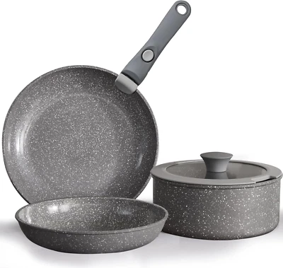 Gray Non Stick Pot and Pan Set with Removable Handle, Ceramic Cookware Set Detac