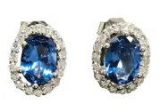 Blue oval cluster stud earrings solid Sterling Silver Cubic Zirconia. Gift box