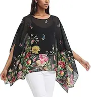 Max Hsuan Womens Ladies Baggy Oversize Plus Size Batwing Tunic Top Blouse Floral Chiffon Kaftan