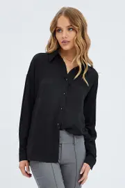 Black Long Shirt Collared Long Sleeve - Size 8, Women's Shirt