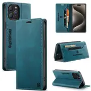 SupRShield For Apple iPhone 15 Pro Max Case RFID Blocking Retro Flip Premium Leather Card Holder Wallet Cover - Cyan Blue