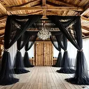 Black Polyester Tulle Draping Fabric 2pcs 26.4ft Versatile Holiday Decoration Wedding Birthday Party Stage Decor