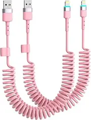 Opluz Coiled Lightning Cable, 2 Pack Pink iPhone Car Charger Cords with Carplay, [Apple MFi Certified] Stretch Short iPhone Fast Charging Cords for iPhone 14/13/12/11 Pro Max/XR/XS/X/8/7/iPad