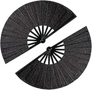 Tkocisa 2 Pack Large Folding Hand Fans Clack Handheld Fan for Party, Glitter Festival Hand Fan Large Rave Folding Hand Fan for Concert, Party, Festival, Halloween or Home Decorations(Black)