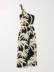 [Johanna Ortiz] Johanna Ortiz - Dark Palms One-shoulder Printed Linen Wrap-effect Midi Dress - Black - US6 US 6 Black