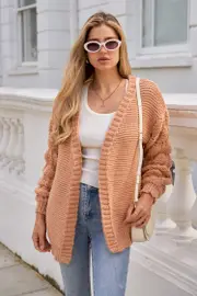 Cupshe Khaki Open Front Long Sleeve Knit Cardigan - Khaki,XL