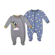 2pc PEKKLE Baby's Panda Printed Fleece Sleeper Set - Grey - Blue
