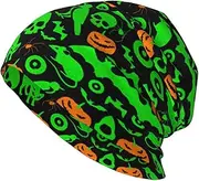 [EdWal] Green Ghost Horror Halloween Pumpkin Print Beanie Cap Winter Warm Hats Knit Slouchy Skull Cap Soft and Skin Friendly Cap for Men Women, Black, One size