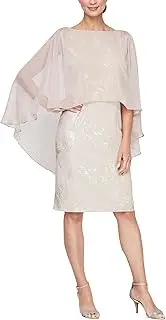 [S.L. Fashions] Women's Short Foil Detail Wedding Guest, Cocktail Dress with High-Low Overlay Cape (Plus Size)